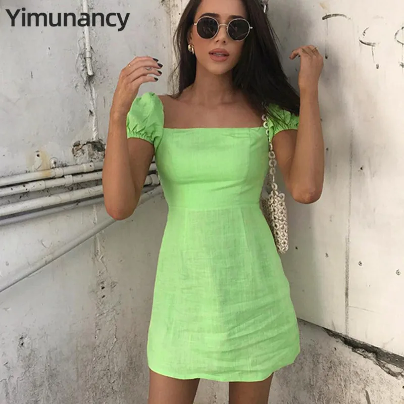 Женское платье с квадратным вырезом Yimunancy повседневное зеленое короткими