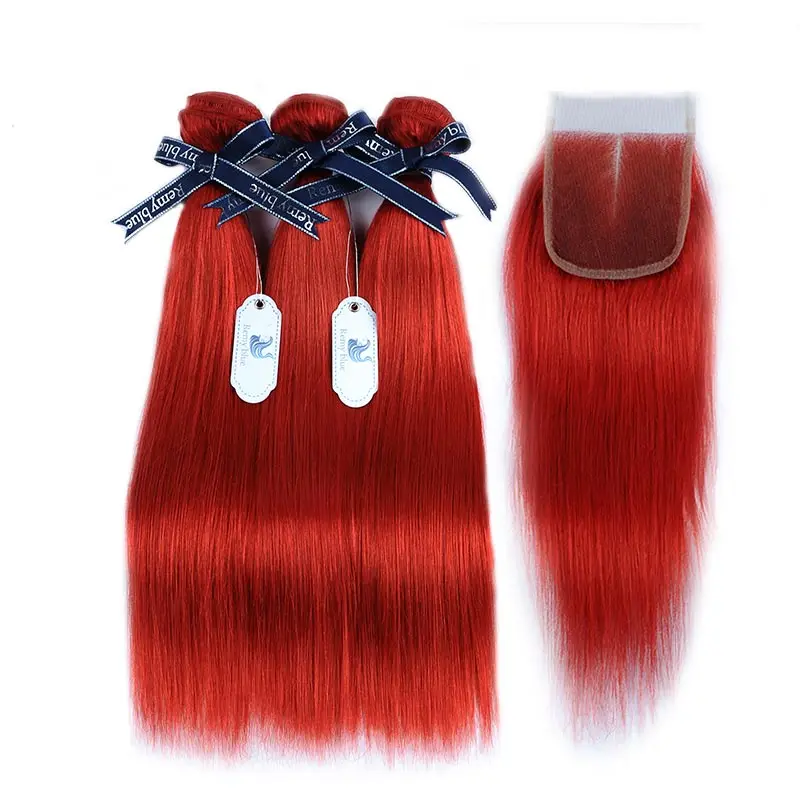 Remyblue Red Straight Hair Bundles With Closure 99J Burgundy Colored Brazilian Human Hair 3 Bundles With Closure Remy Human Hair