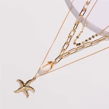Summer Natural Sea Shell Starfish Multi Layered Necklace Charm Moon Crystal Irregular Sequins Pendant Gold Chain Women Gifts stylish women s arrow irregular triangle pendant layered necklace