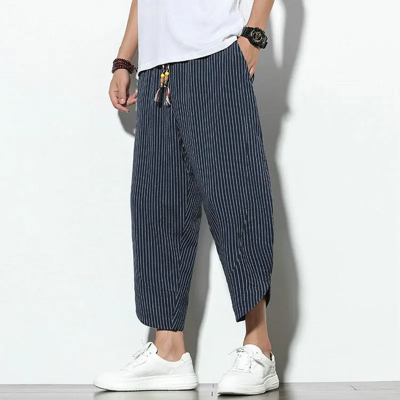 Baggy Cotton Linen Harem Pants Men 2020 Korean Vintage Striped Men Women Hip Hop Plus Size Wide Leg Pant Pantalone Baggy Cotton Linen Harem Pants Men 2020 Korean Vintage Striped Men Women Hip Hop Plus Size Wide Leg Pant Pantalone