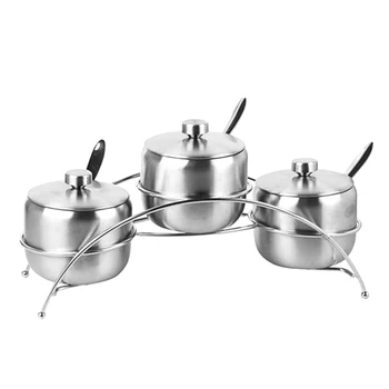 

Newly Stainless Steel Condiments Jars Serving Bowls Seasoning Container Set Kitchen Cruet Bottle with Stand Rack 3 Packs TE889