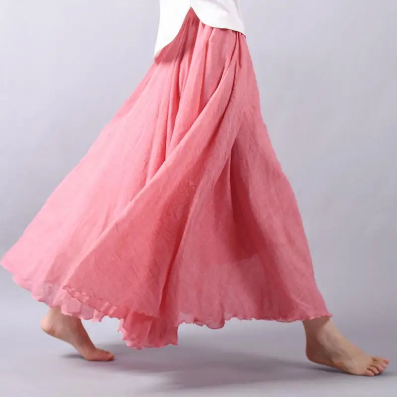 Женская льняная длинная юбка с высокой талией элегантная Летняя женская Повседневная Эластичная Талия 2 слоя юбки saia feminina 20 цветов - Цвет: light red