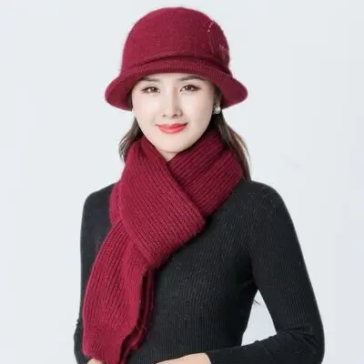 Новая женская меховая женская шапка, однотонный шарф и набор с шапочкой, зимние толстые теплые шапки из кроличьего меха, шапки среднего возраста - Цвет: wine red Hat Scarf