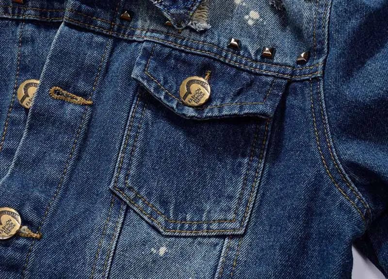 KIOVNO Men's Ripped Casual Denim Jackets With Rivet Slim Fit Distressed Jeans Jackets Outwear For Male Blue (4)