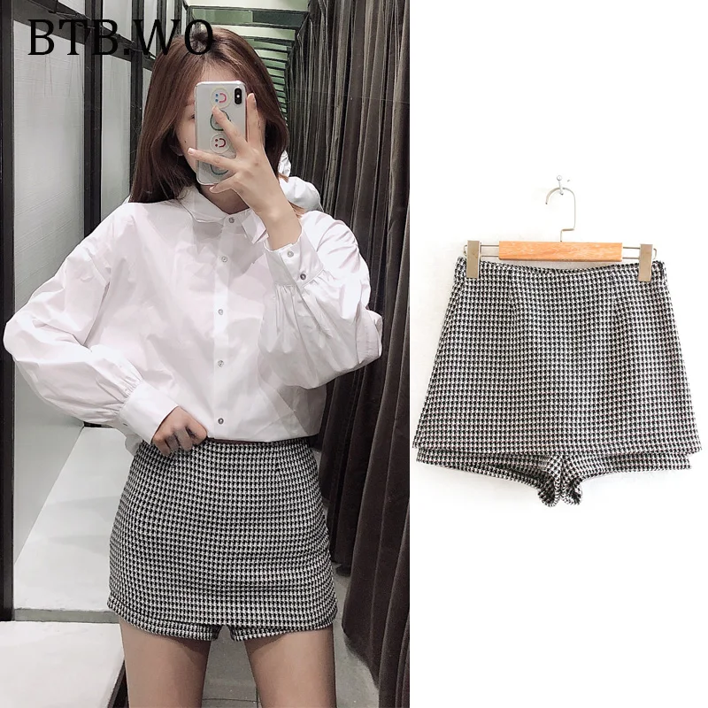 BTB. WO осенние элегантные женские брюки, твидовые клетчатые мини короткие юбки в английском стиле, расклешенные короткие юбки