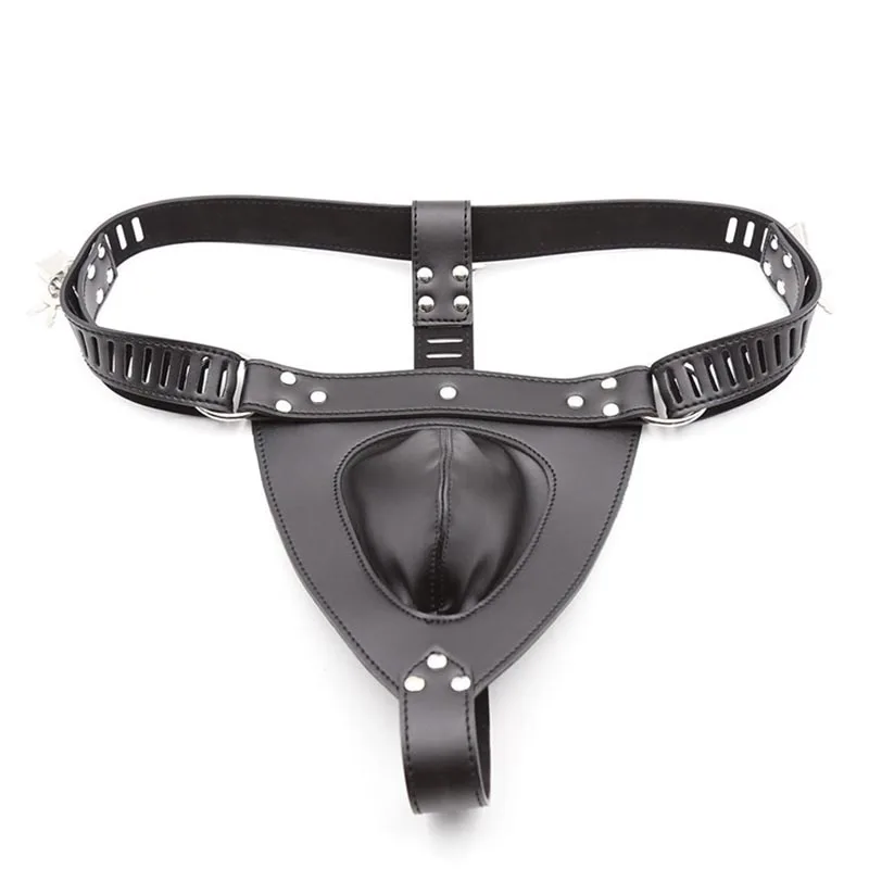 Mens PU Leather Chastity Harness Underwear Lockable Waist Belt Crotch Pouch Cage Briefs Fetish Costume Under Pants Outfit