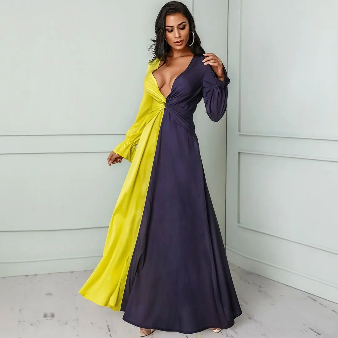 Осеннее платье с длинным рукавом в стиле пэчворк Boho Макси женское элегантное