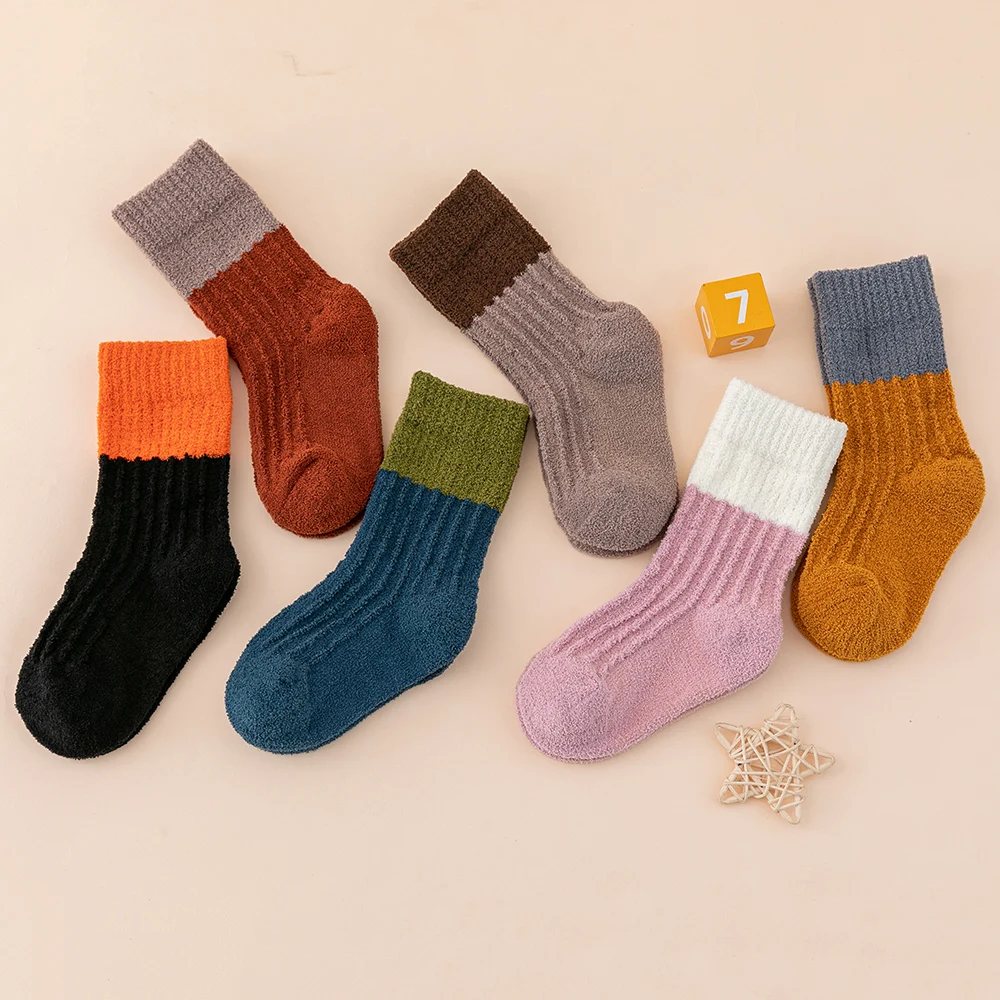 Kids Socks children socks Baby Thick Winter Socks Coral Fleece Children Soft Warm Patchowork Floor Boys Girls Striped