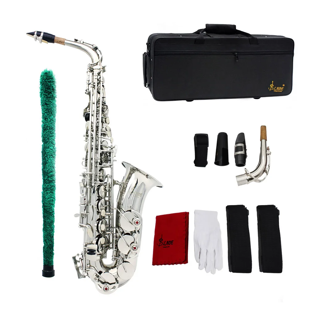 Саксофон Sax Eb Be Alto E плоский латунный резной узор на поверхности пластмассовый мундштук изысканный с перчатки, Чистящая салфетка - Цвет: Серебристый