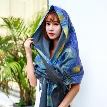 

luxury brand winter scarf Cashmere scarf Fashion women Starry sky Oil Painting shawl wraps bandana female foulard tasse plaid