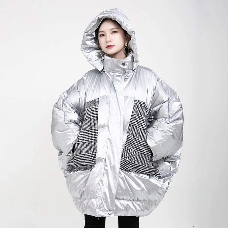 SHENGPALAE Casual Patchwork Plaid Cotton Female Hooded Collar Long Sleeve Bat Sleeved Women's Parkas Fashion Clothing A241