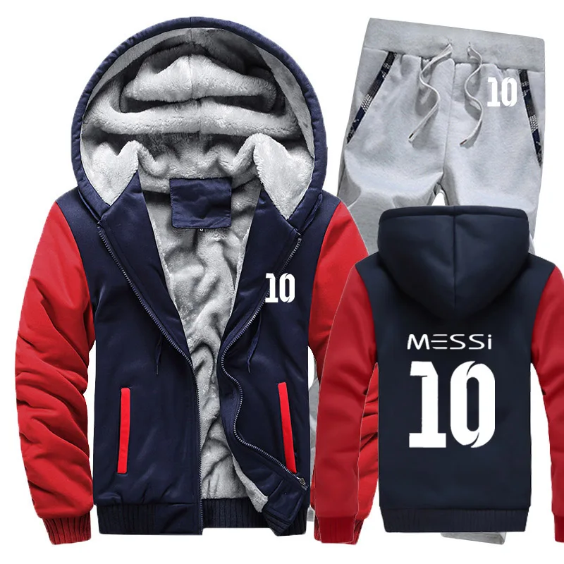 Зимняя мужская толстовка с капюшоном Messi 10 принт мужские s толстовки костюм толстый теплый флис хлопок спортивный костюм на молнии мужская куртка+ брюки комплекты из 2 предметов