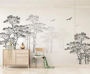 

CJSIR Custom Wallpaper Black and White Sketch Minimalistic Abstract Tree Bird TV Background 3d Wallpaper Papel De Parede Decor