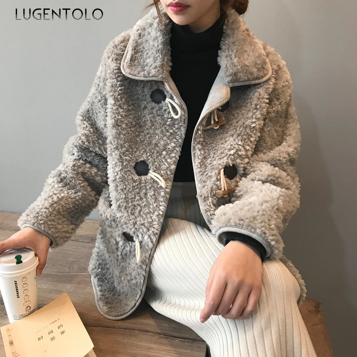 Lugentolo, Женское пальто, зимнее, шерстяное, свободное, плюшевое, повседневное, имитация овечьей шерсти, с роговой пряжкой, однотонное, корейское, теплое, утолщенное, простое пальто