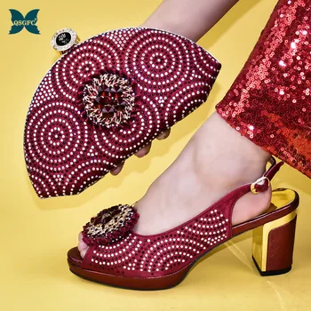 

Wine Color Italy High Heels Women Wedding Shoes African Special Style Italian design Shoe and Bag Set for Party In Women