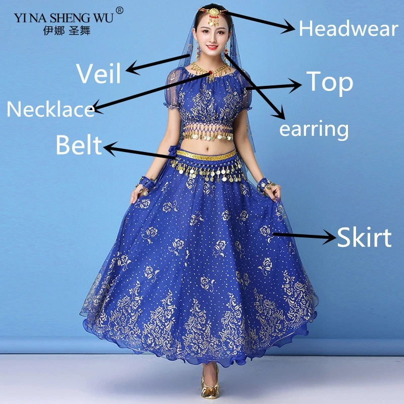 Royal blue 7pcs Набор костюма для танца живота Индийский танец сари танец живота юбка для женщин шифон 7 шт.(головные уборы вуаль Топ Пояс юбка ожерелье серьги - Цвет: Royal blue 7pcs
