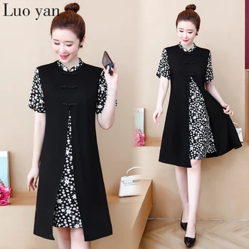 

2020 Vintage Ethnic Style Stand Collar Midi Dresses L-5XL Plus Size Summer New Floral Two-Piece Sundress Elegant Party Vestido