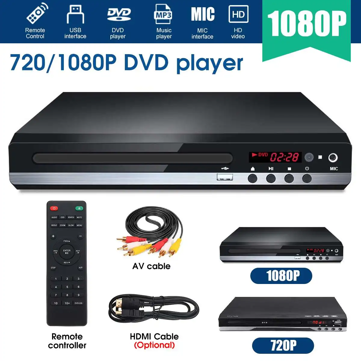 1080P HD HDMI DVD Player Home Mini USB RCA VCD Player Region Free Multiple OSD Languages MP3 DVD