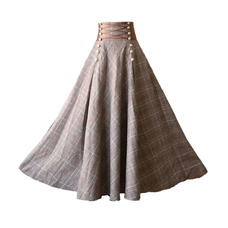 French Chic Vintage High Waisted Button Design Back Lace-Up Corset Skirt Women Autumn Winter Thick A-Line Long Maxi Wool Skirts 6