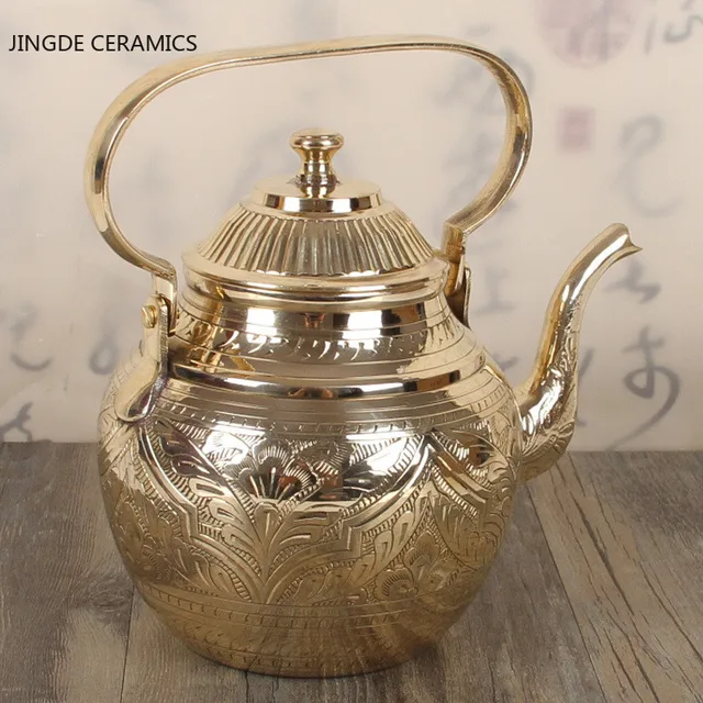 Új Butik Sárgaréz Edény Otthon Tiszta Réz Tea Készlet, Kézzel Készített Vastag Faragott Minta Teáskanna Retro Antik Vízforraló - Image 2