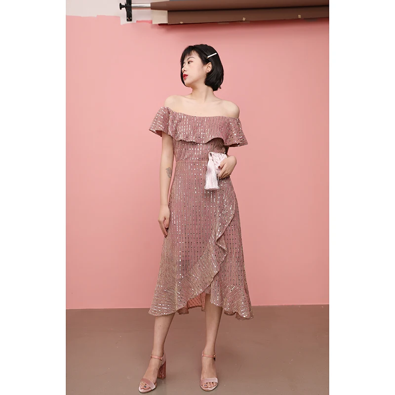 

Elegant Sequin Dress 2019 New Off The Shoulder Ruffles Shiny Sequins Wrap Ruched Split Night Club Slim Dresses Vestidos