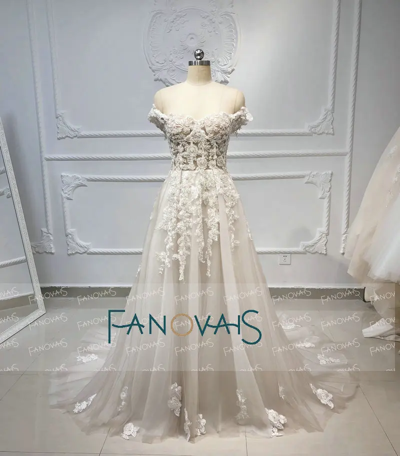 off-shoulder Пляж бохо свадебные платья бисером Кристалл кружева Vestido de Novia Longo gelinlik vestido casamento robe de mariee - Цвет: off-shoulder