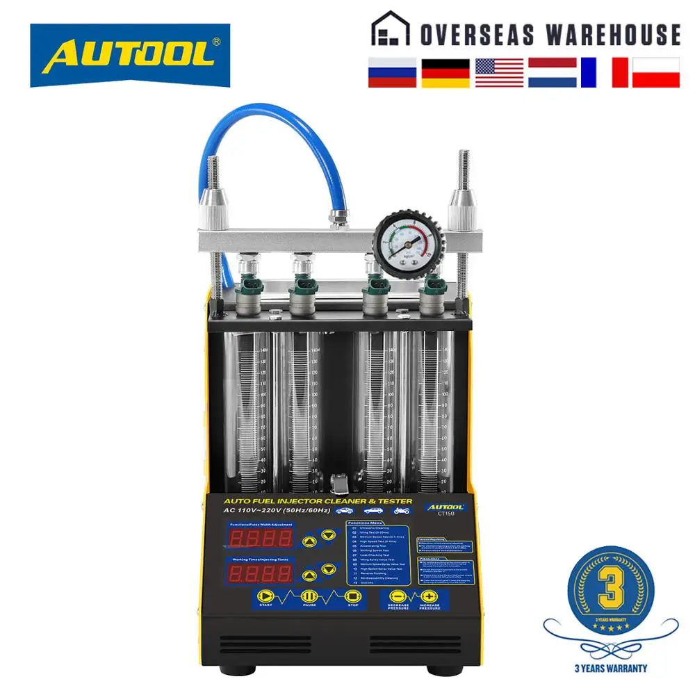 AUTOOL CT150 Car Fuel Injector Tester Cleaning Machine Injector Cleaner Test Ultrasonic Gasoline Auto Tool 4-Cylinders 110V 220V