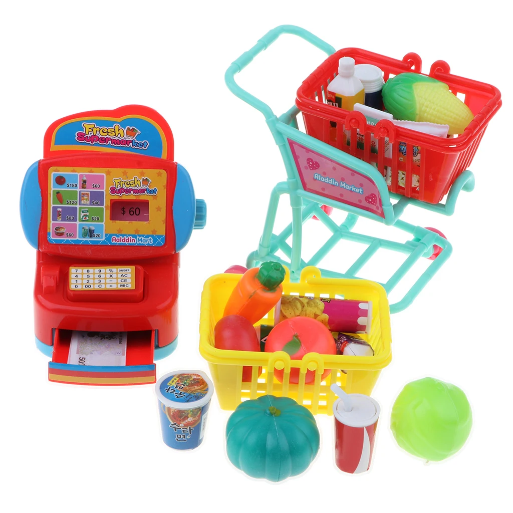 Pretend Play Supermarket Set, Cash Register Playset with Cart and Foods Educational Toy Set for Kids