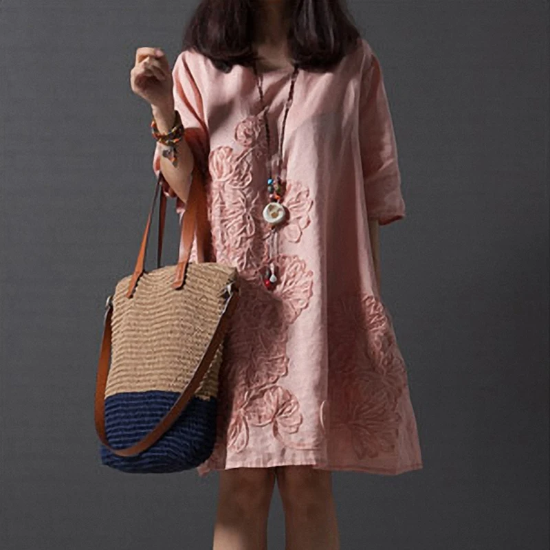 Retro Womens Cotton Linen Half Sleeve Gown Half Sleeve Loose Dress Plus Size - Цвет: Pink