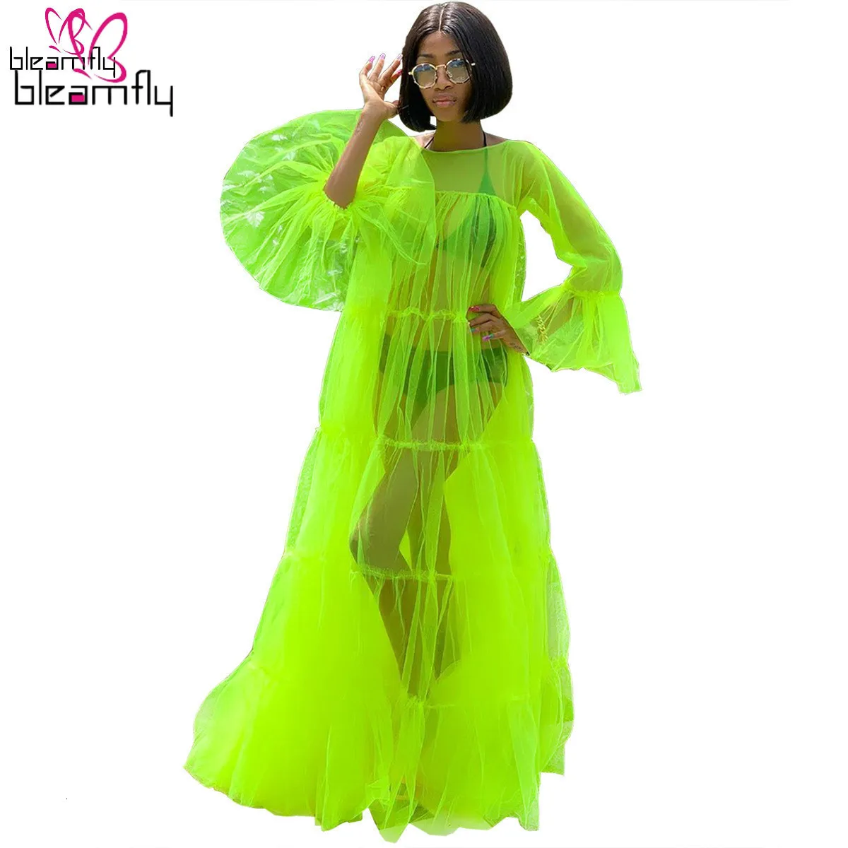 Новое Осеннее женское Сетчатое прозрачное неоново-зеленое платье с оборками и