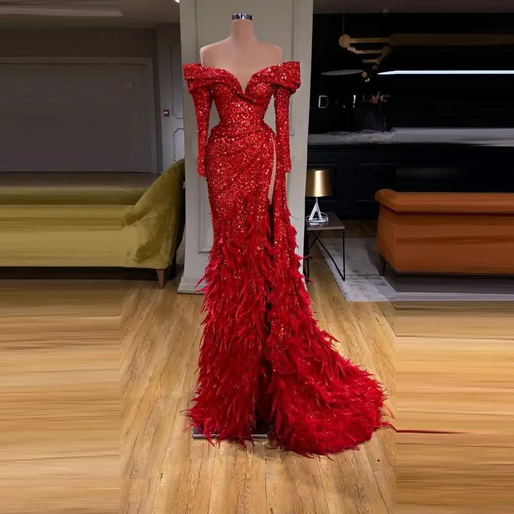 

Red Feather Evening Dress High Slit Sequins Off The Shoulder Sweetheart Formal Event Plus Size Pageant Women Long Gowns