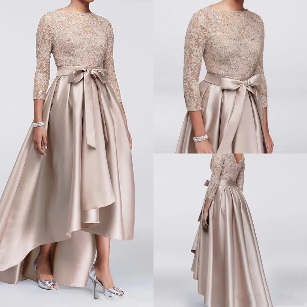 

High Low Mother of the Bride Dresses 3/4 Long Sleeve Beaded Lace Satin Formal Evening Party Gowns Wedding Guest Dress Custom