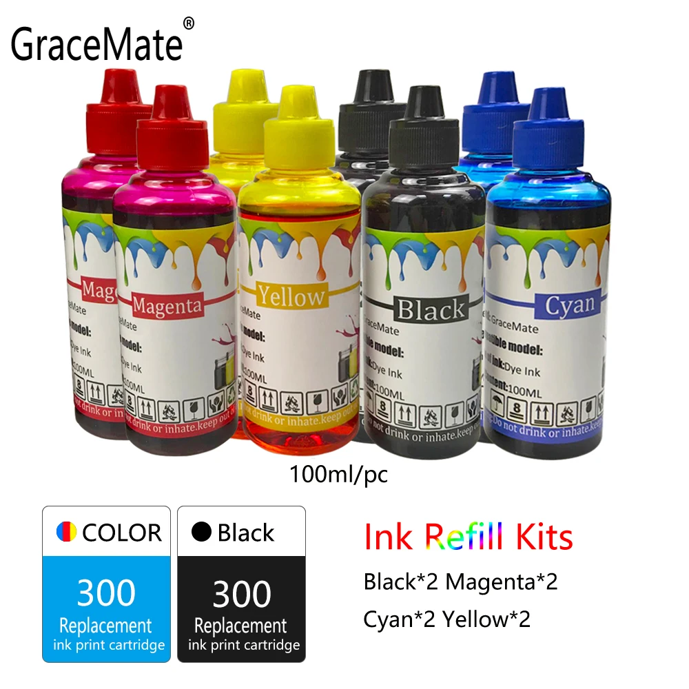 GraceMate принтера пополнения чернил Бутылка Замена для hp 300 D1660 D2560 D2660 D5560 F2420 F2480 F2492 F4210 F4224 F4272