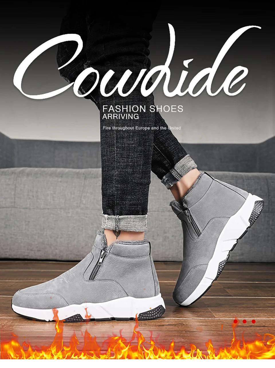 Chaussure homme Cuir/Новое поступление; мужские ботинки; модные зимние ботинки; теплые плюшевые ботильоны; мужские кожаные ботинки на молнии
