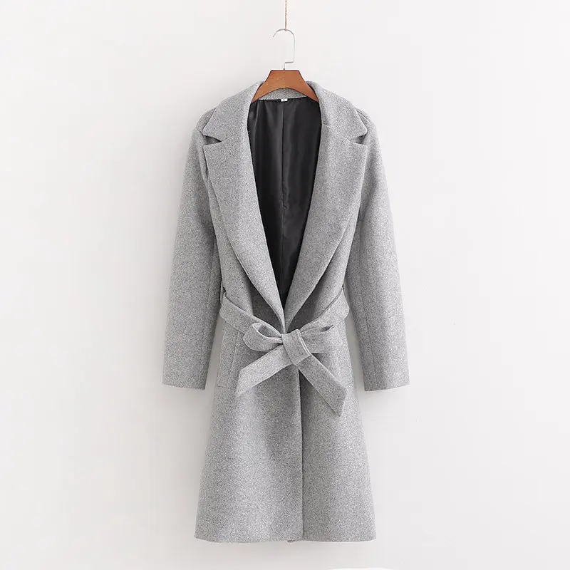 Женское зимнее элегантное шерстяное пальто, модное женское серое однотонное пальто с отложным воротником и бантом, женская теплая Повседневная Длинная Верхняя одежда
