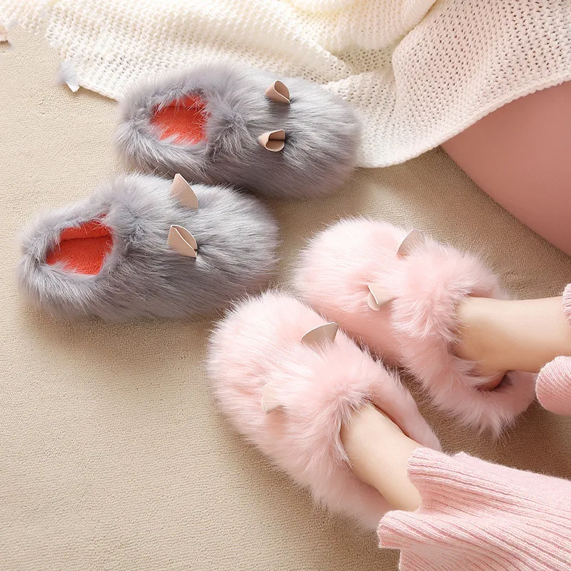 Suihyung New Winter Women Indoor Shoes Furry Rabbit Hair Home Slippers Warm Soft Bottom Fluffy Slippers Ladies Animal Fur Slides