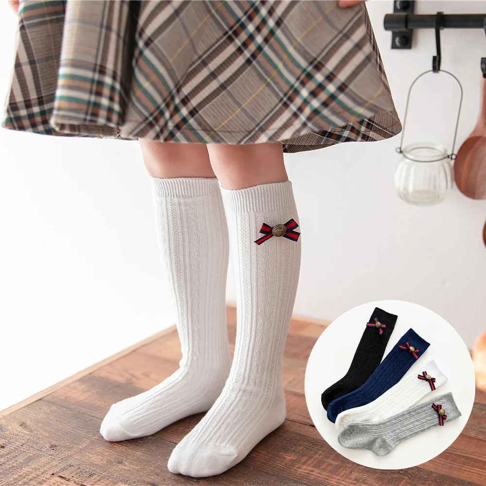 Носки для маленьких девочек Гольфы принцессы с бантами, классические милые длинные прямые носки детские платья, аксессуары, осенне-зимние носки
