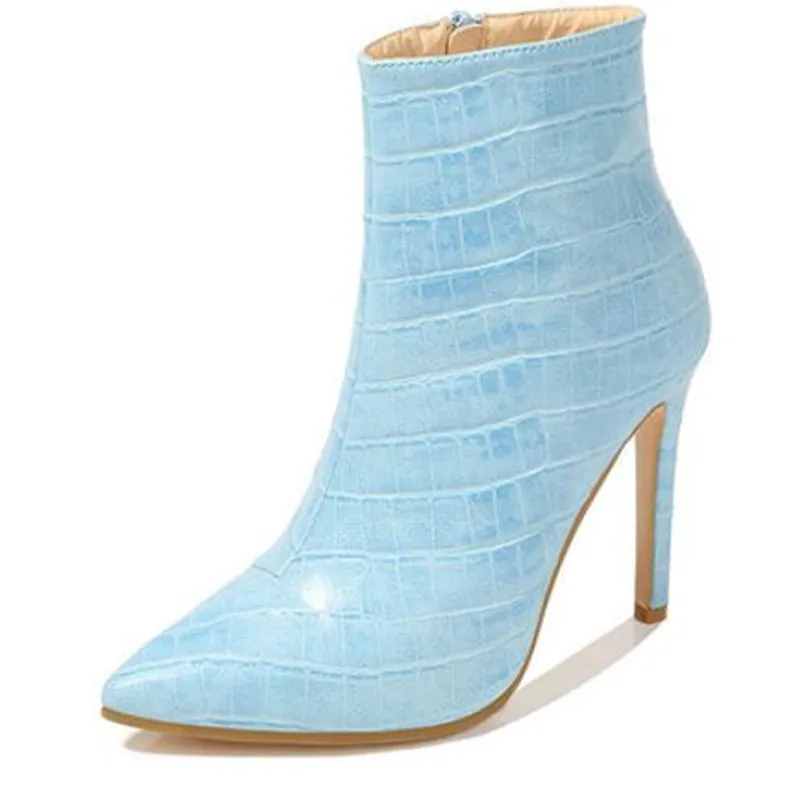 2023 New Luxury Women Pink Blue Boots Sexy Thin High Heels Fetish Stripper Booties Warm Fur Print Sweet Ankle Boots Pointy Shoes