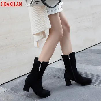 

CDAXIALN NEW to boots women faux suede side zipper square heel Mid-calf boots ladies spring autumn high-heel short boots