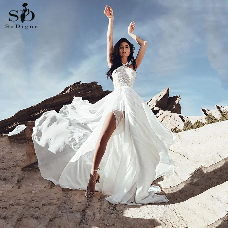 

Beach Wedding Dress Sexy Halter Side Slit Bridal Dress Lace Appliques Simple Chiffon Boho Wedding Dress Vestido De Noiva