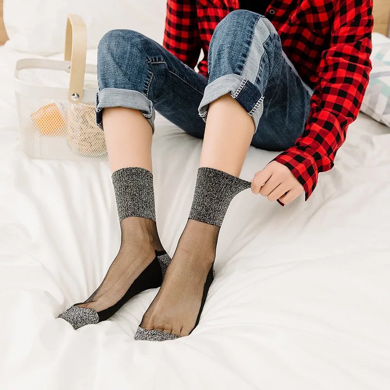 Новые модные блестящие носки на весну и лето, женские тонкие прозрачные шелковые короткие носки ярких цветов, радужные носки, звездное небо