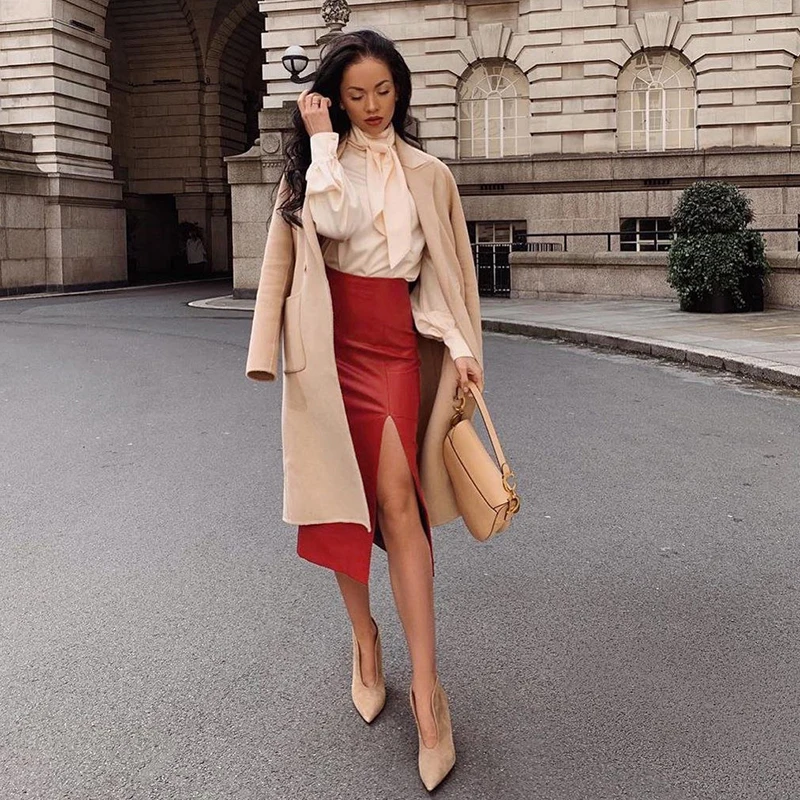 Новые модные женские офисные юбки с высокой талией из искусственной кожи, облегающая длинная юбка-карандаш средней длины красного цвета