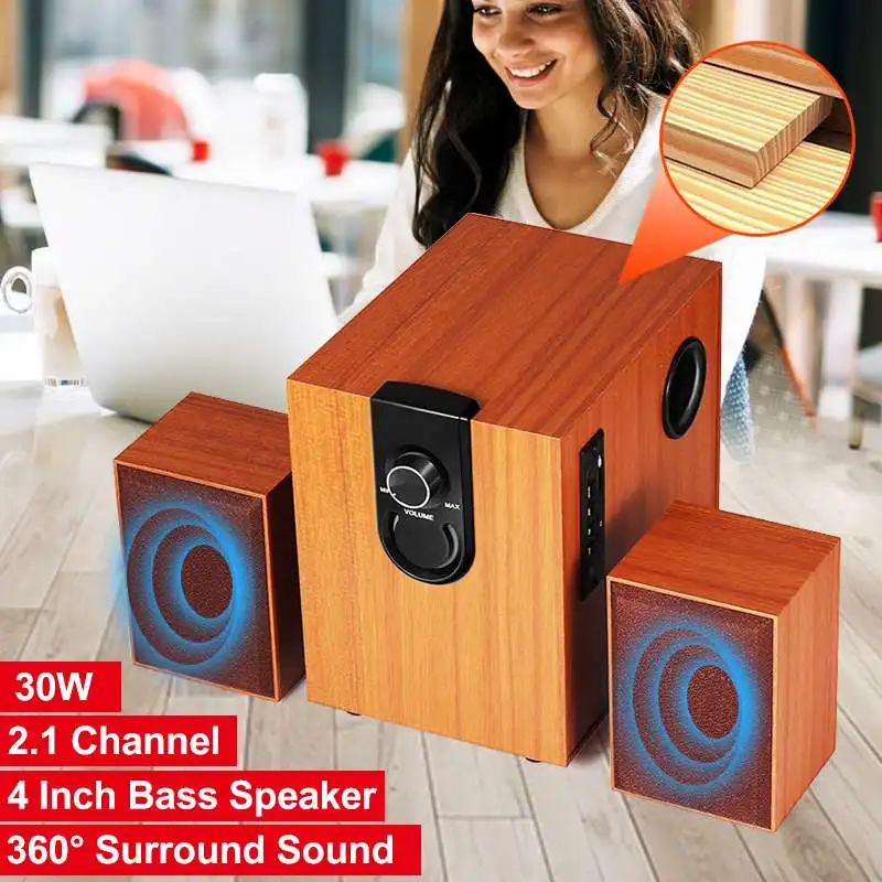 

30W 2.1 Channel Computer Speaker 4 Inch Wooden Desktop Sound Surround Combination Speaker Colorful LED Light USB Subwoofer