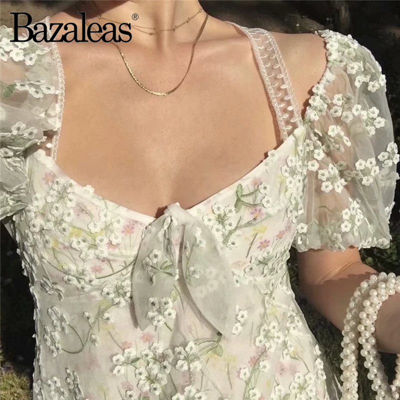 Bazaleas винтажное платье с бантом в центре Пышные Рукава vestidos кружево, вышитые цветы летнее платье платья с перекрестными лямками