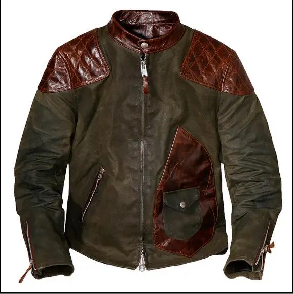 

Free shipping.popular mens genuine leather Jacket,Us vintage Heavy wax canvas jacket stitching cowhide.quality.thick hard