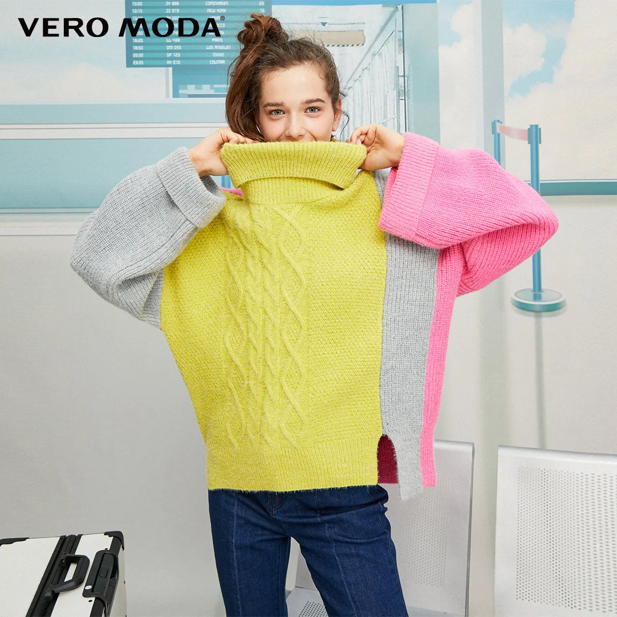 Vero Moda Винтажный Женский Цветной Сращивание с открытыми плечами свободный крой с высоким воротником свитер | 319413557 - Цвет: Mellow green