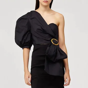 

2020 Irregular Tube Top Female Can Outside Wear Leisure Joker Bubble Sleeve Diagonal Shoulder Shirt Top Female