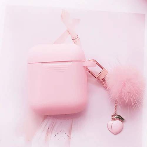 Pink Милый силиконовый чехол из корейской норки для Apple Airpods, чехол, аксессуары, Bluetooth наушники, защитная крышка, персиковый брелок для ключей - Color: Pink