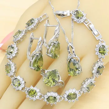 

Olive Green Zircon Silver Color Wedding Women Jewelry Sets with Bracelet Necklace Pendant Hoop Earrings Ring Gift Box