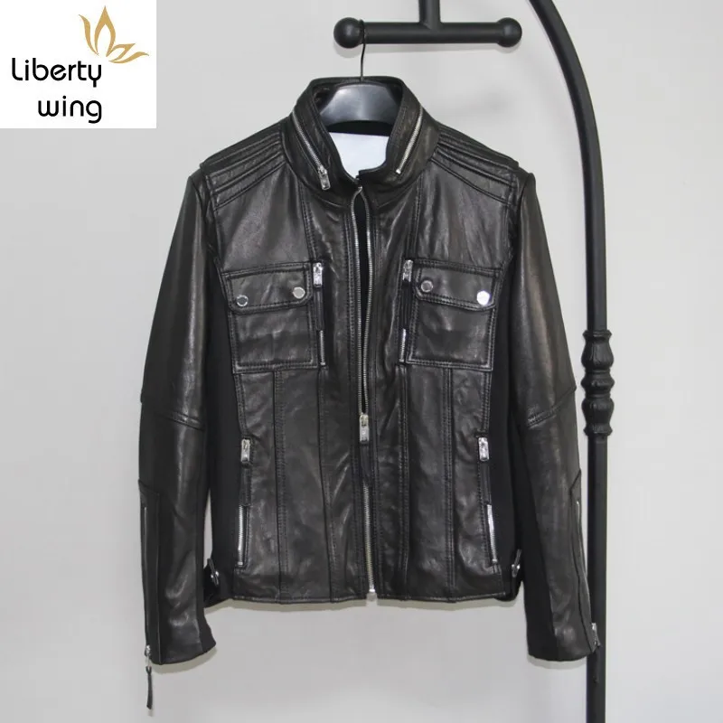 

Spring Autumn Mens Sheepskin Genuine Leather Jacket Safari Style Work Clothes Male Stand Collar Zipper Moto Biker Outwear Coats